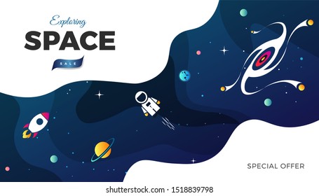 Space exploration modern background design with a Galaxy, Astronaut, Rocket, Moon, Planets and Stars in cosmos. Cute blue color template for website page or banner vector illustration