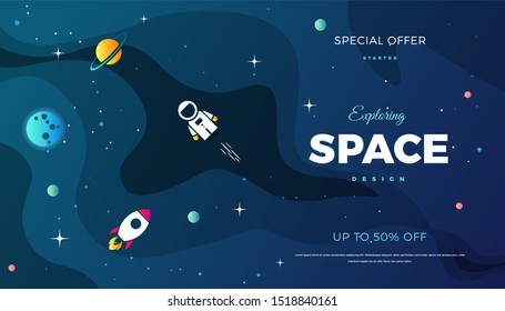 Space exploration modern background design with a Galaxy, Astronaut, Rocket, Moon, Planets and Stars in cosmos. Cute blue color template for website page or banner vector illustration