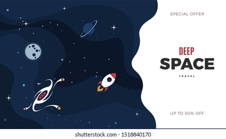 Space exploration modern background design with a Galaxy, Astronaut, Rocket, Moon, Planets and Stars in cosmos. Cute blue color vintage template for website page or retro banner vector illustration
