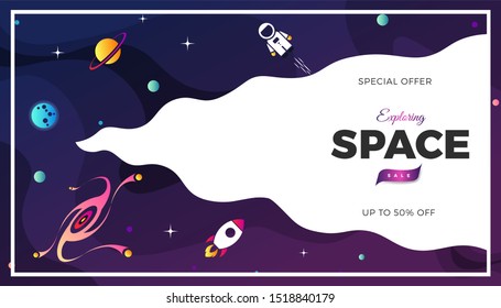 Space exploration modern background design with a Galaxy, Astronaut, Rocket, Moon, Planets and Stars in cosmos. Cute pink color template for website page or banner vector illustration