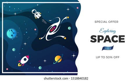 Space exploration modern background design with a Galaxy, Astronaut, Rocket, Moon, Planets and Stars in cosmos. Cute blue color template for website page or banner vector illustration
