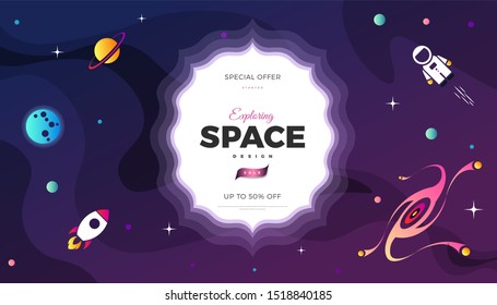 Space exploration modern background design with a Galaxy, Astronaut, Rocket, Moon, Planets and Stars in cosmos. Cute pink color template for website page or banner vector illustration