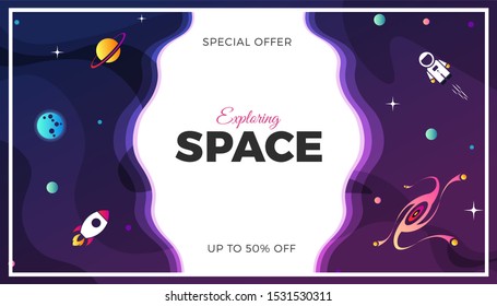 Space exploration modern background design with a Galaxy, Astronaut, Rocket, Moon, Planets and Stars in cosmos. Cute pink color template for website page or banner vector illustration