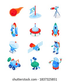 Space exploration - modern colorful isometric icons set on white background. Galaxy, astronomy idea. Meteorite, telescope, shuttle, ufo, rocket, satellite dish, astronaut, robot futuristic images