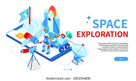 Space exploration - modern colorful isometric web banner with copy space for text. Galaxy, astronomy idea. Futuristic illustration with shuttle, satellite dish, robot rover on smartphone screen