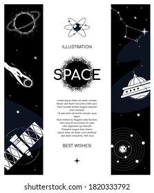 Space exploration - modern flat design style banner with copy space for your text, information, title. High quality black and white template with comet, constellation, black hole, satellite, orbit
