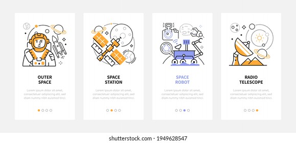 Space exploration - modern line design style web banners with copy space for text. Astronaut, station, robot, radio telescope linear icons. Carousel posts with cosmic technologies, equipment, planets