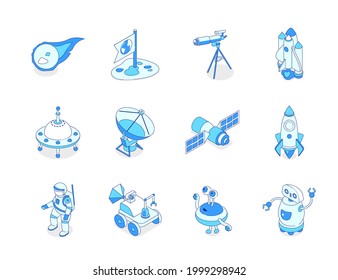 Space exploration - modern line isometric icons set on white background. Galaxy, astronomy idea. Meteorite, telescope, shuttle, ufo, rocket, satellite dish, astronaut, robot futuristic images