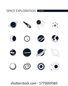 Space exploration - modern vector set of black icons on white background. Galaxy, cosmic exploration idea. Black hole, comet, satellite, stars, moon, Mars, Saturn, Uranus, Neptune planets, universe