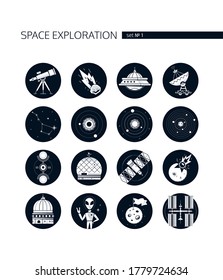 Space exploration - modern vector set of icons in round frames on white background. Astronomy idea. Telescope, meteorite, ufo, constellation, crop circles, satellite, colonization of Mars objects