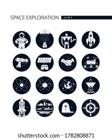 Space exploration - modern vector set of icons in round frames on white background. Cosmic exploration idea. Astronaut, capsule, rocket, robot rover, orbit, satellite dish, shuttle, colonization