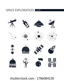 Space exploration - modern vector set of black icons on white background. Galaxy, astronomy idea. Telescope, meteorite, ufo, constellation, orbit, crop circles, satellite, colonization of Mars objects