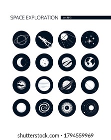 Space exploration - modern vector set of white icons in round frames on white background. Galaxy, cosmic exploration idea. Black hole, comet, satellite, stars, moon, Mars, planets, universe symbols