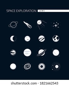 Space exploration - modern vector set of white icons on dark background. Galaxy, cosmic exploration idea. Black hole, comet, satellite, stars, moon, Mars, Saturn, Uranus, Neptune planets, universe