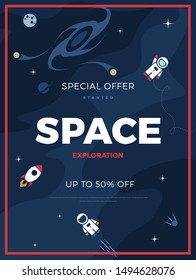 Space exploration modern vertical background design with cosmos and text. Cute template with Black Hole, Astronaut, Spaceship, Rocket, Moon and Stars for poster, banner or website