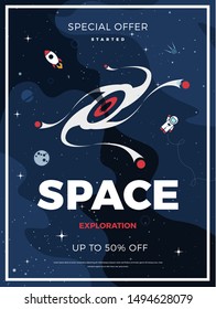 Space exploration modern vertical background design with a Black Hole in cosmos. Cute template with Astronaut, Spaceship, Rocket, Moon and Stars for poster, banner or website
