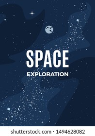 Space exploration modern vertical background design with cosmos and text. Cute template with Moon and Stars for poster, banner or website