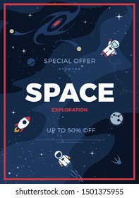 Space exploration modern vertical background design with cosmos and text. Cute template with Black Hole, Astronaut, Spaceship, Rocket, Moon and Stars for poster, banner or website