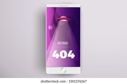 Space exploration modern vertical background design with an alien ship in cosmos and Error 404, page not found text. Cute gradient template with a smartphone screen