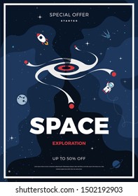 Space exploration modern vertical background design with a Black Hole in cosmos. Cute template with Astronaut, Spaceship, Rocket, Moon and Stars for poster, banner or website