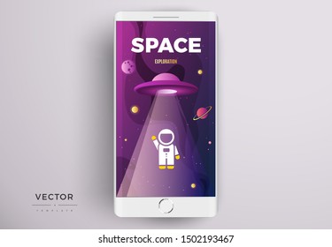 Space exploration modern vertical background design with an alien ship in cosmos and text. Cute gradient template with a smartphone screen