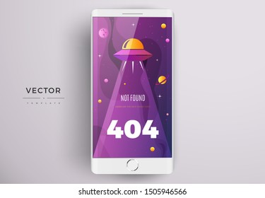Space exploration modern vertical background design with an alien ship in cosmos and Error 404, page not found text. Cute gradient template with a smartphone screen