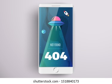 Space exploration modern vertical background design with an alien ship in cosmos and Error 404, page not found text. Cute gradient template with Spaceship, Rocket, Moon and Stars for poster, banner or