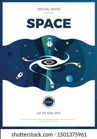 Space exploration modern vertical poster design with a Black Hole and Galaxy in cosmos. Cute time travel quantum physics template vector scientific illustration