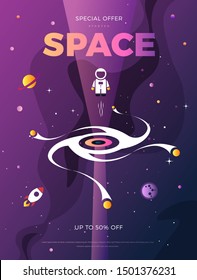 Space exploration modern vertical poster design with a Black Hole and Galaxy in cosmos. Cute time travel quantum physics template vector scientific illustration with a portal