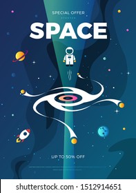 Space exploration modern vertical poster design with a Black Hole and Galaxy in cosmos. Cute time travel quantum physics template vector scientific illustration with a portal