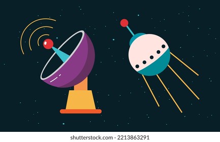 Space exploration objects set. Radio telescope station, space satellite vector illustration