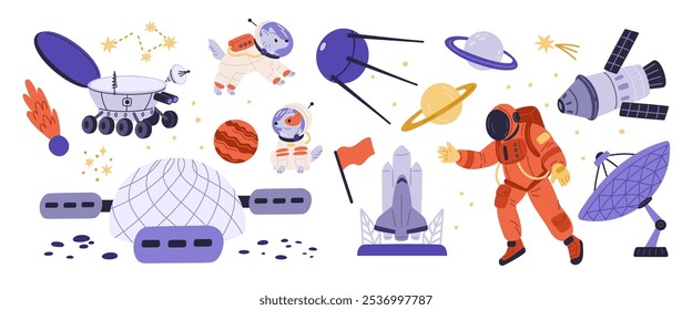 Space exploration objects. Transport and scientific moon rovers. Cosmic satellite antennas. Universe rocket shuttle. Dogs and man in spacesuit. Galaxy planets discovery