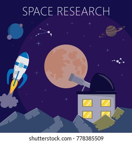 Space exploration, with ocket, planets and observation. Vector illustration.
