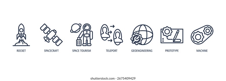 Space Exploration Outline Icons Web Banner – Rocket, Spacecraft, Space Tourism, Teleport, Geoengineering, Prototype, Machine
