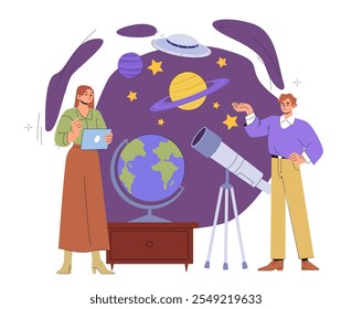 Personas de exploración espacial. Hombre y mujer cerca de telescopios y planetas. Astronomía y astrología. Investigación Cosmos. Descubrimiento del universo. Ilustración vectorial plana aislada sobre fondo blanco