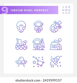 Space exploration pixel perfect gradient linear vector icons set. Cosmic discovery. Mars landing. Science fiction. Thin line contour symbol designs bundle. Isolated outline illustrations collection