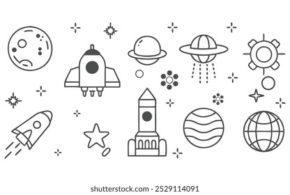 Space exploration pixel perfect line art icons set vector image 