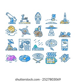 space exploration planet doodle icons set vector. sketch line art astronaut science, future galaxy, universe technology, cosmos, sky earth, star space exploration planet color illustrations