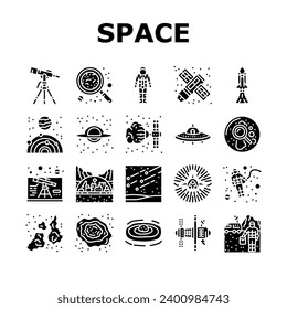 space exploration planet icons set vector. astronaut science, universe future, galaxy sky, technology, cosmos earth astronomy space exploration planet glyph pictogram Illustrations