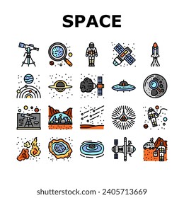 space exploration planet icons set vector. astronaut science, universe future, galaxy sky, technology, cosmos earth astronomy space exploration planet color line illustrations