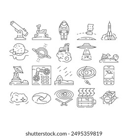 space exploration planet icons set vector. astronaut science, future galaxy, universe technology, cosmos, sky earth, star space exploration planet black contour illustrations