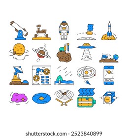 space exploration planet icons set vector. astronaut science, future galaxy, universe technology, cosmos, sky earth, star space exploration planet color Contour Illustrations