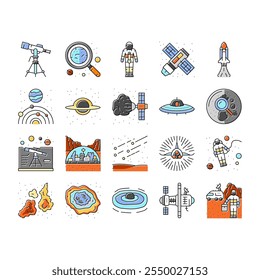 space exploration planet icons set vector. astronaut science, universe future, galaxy sky, technology, cosmos earth astronomy space exploration planet color line illustrations