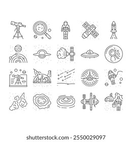 space exploration planet icons set vector. astronaut science, universe future, galaxy sky, technology, cosmos earth astronomy space exploration planet black contour illustrations