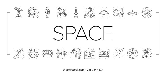 space exploration planet icons set vector. astronaut science, universe future, galaxy sky, technology, cosmos earth astronomy space exploration planet black contour illustrations