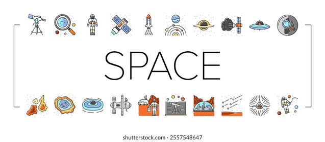 space exploration planet icons set vector. astronaut science, universe future, galaxy sky, technology, cosmos earth astronomy space exploration planet color line illustrations