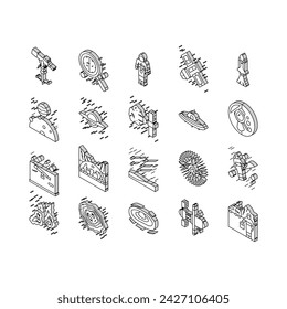 space exploration planet isometric icons set. astronaut science, universe future, galaxy sky, technology, cosmos earth astronomy space exploration planet color line