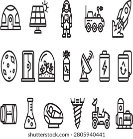 Space exploration and planetary colonization icons with exploration astronaut planetary colonization research technology satellite equipment astronomy universe astrophysics discovery