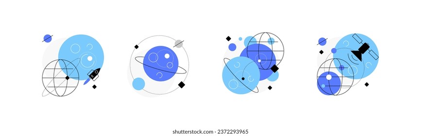 Space exploration. Planets, space ships and satellites. Set of simple flat illustrations. Vector file.