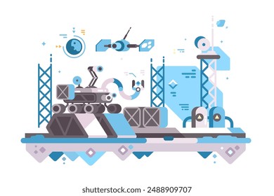 Space Exploration Platform. Futuristic illustration of space exploration platform with robotic rover and communication equipment